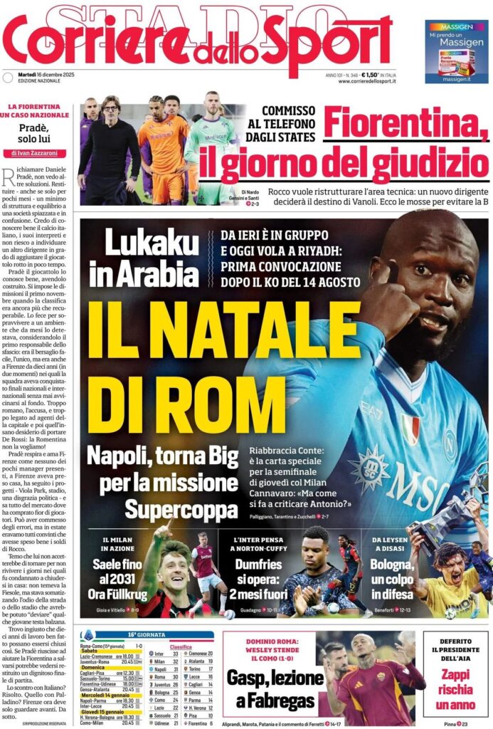 Le prime pagine sportive nazionali – 16 dicembre 2025 22 IMG 0899