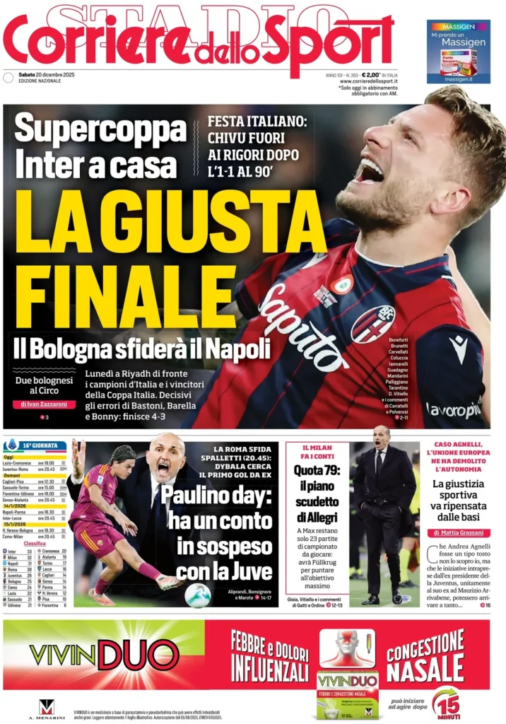 Le prime pagine sportive nazionali – 20 dicembre 2025 24 corriere dello sport 020350z8p4s5r