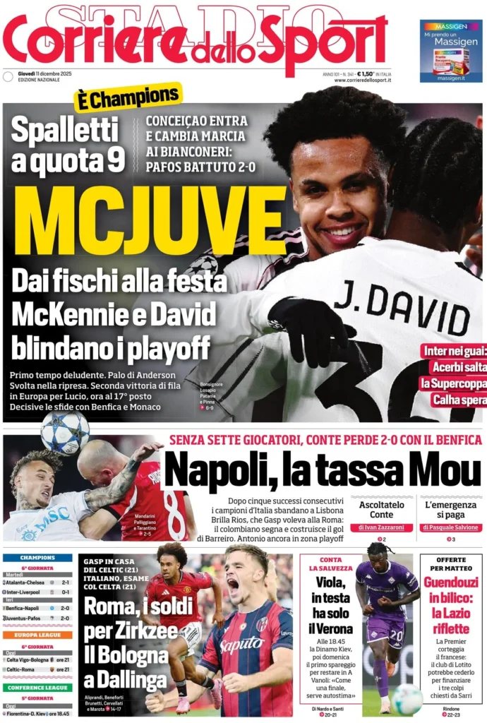 Le prime pagine sportive nazionali – 11 dicembre 2025 23 corriere dello sport 0205380yb