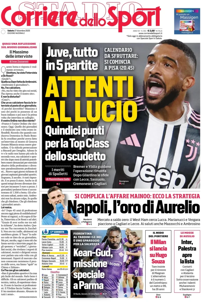 Le prime pagine sportive nazionali – 27 dicembre 2025 24 corriere dello sport 020538exq3keo