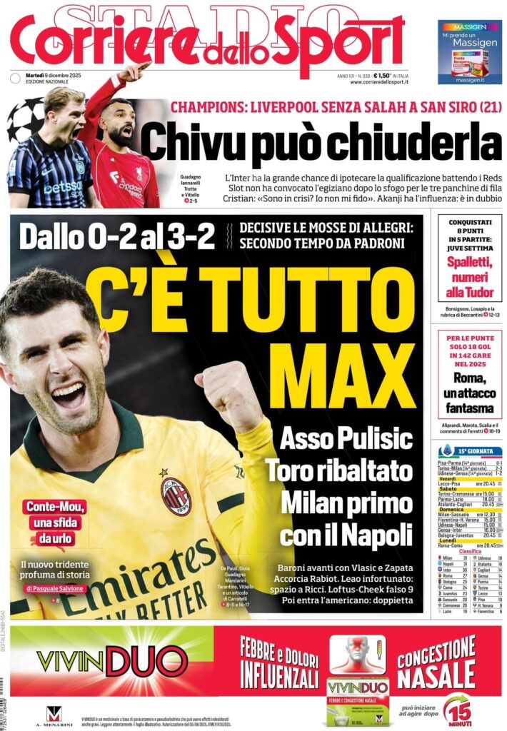 Le prime pagine sportive nazionali – 9 dicembre 2025 23 corriere dello sport 060143qky
