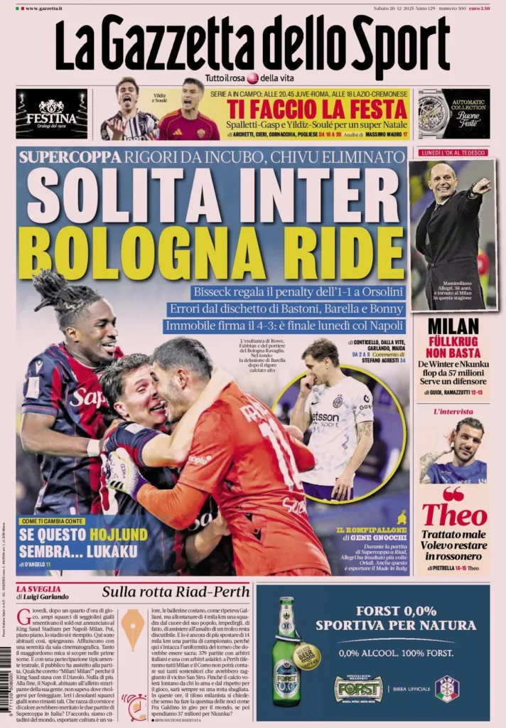 Le prime pagine sportive nazionali – 20 dicembre 2025 22 la gazzetta dello sport 031521ff4dfdd