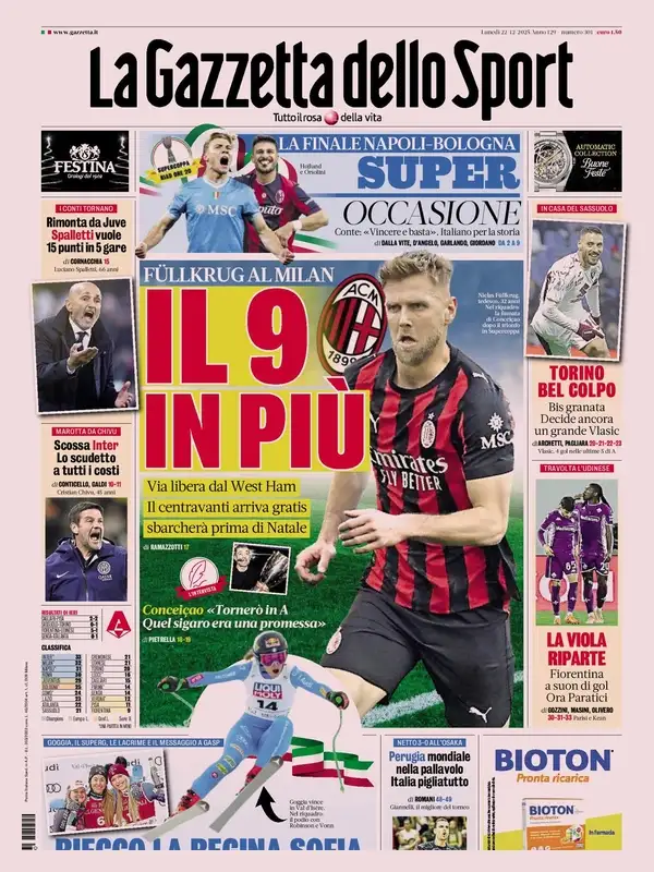 Le prime pagine sportive nazionali – 22 dicembre 2025 22 la gazzetta dello sport