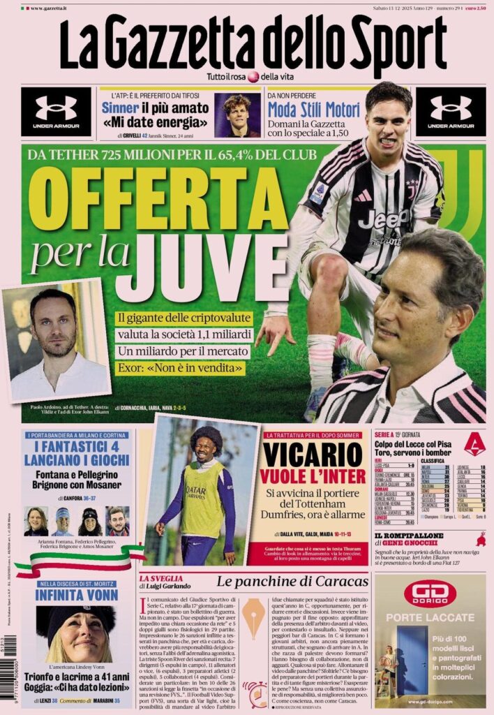Le prime pagine sportive nazionali – 13 dicembre 2025 24 la gazzetta dello sport 0319291oq