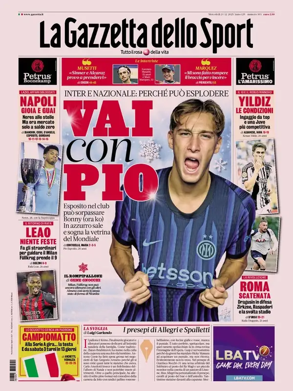 Le prime pagine sportive nazionali – 24 dicembre 2025 22 la gazzetta dello sport
