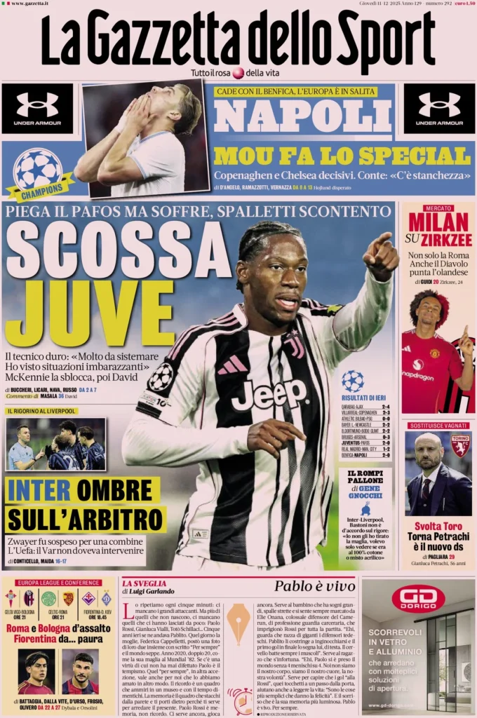 Le prime pagine sportive nazionali – 11 dicembre 2025 22 la gazzetta dello sport 0709202fy