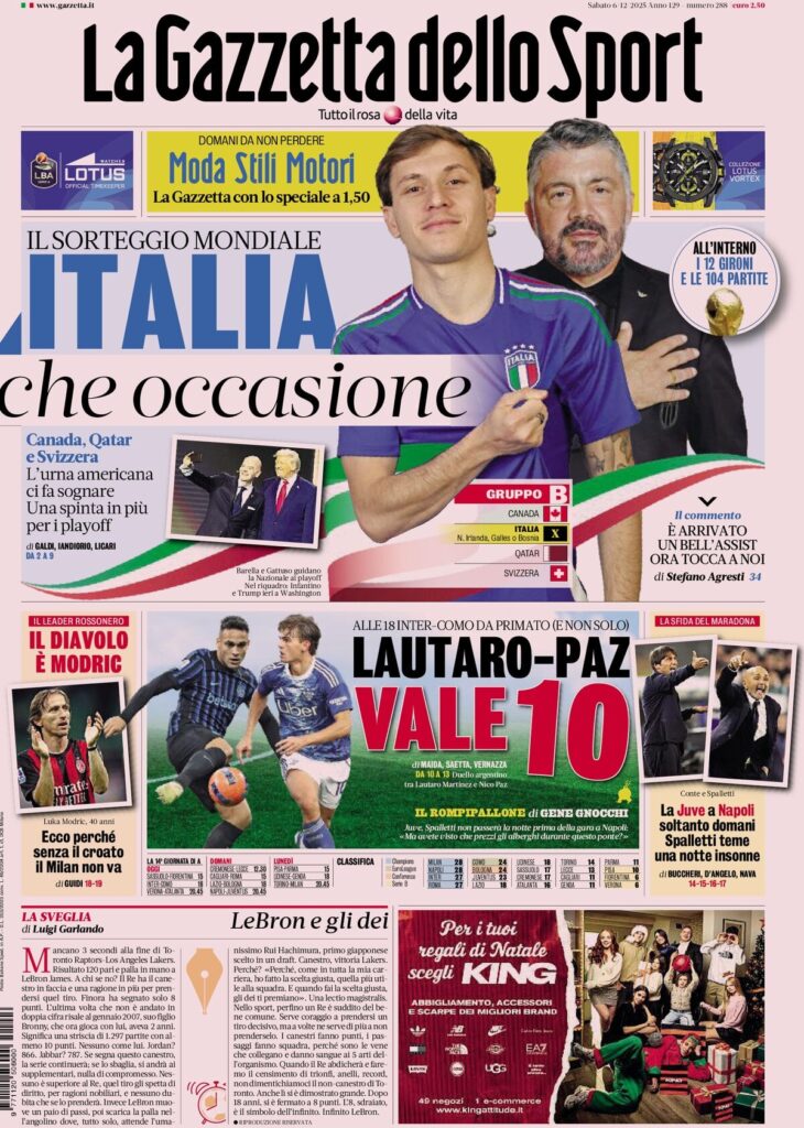 Le prime pagine sportive nazionali – 6 dicembre 2025 22 la gazzetta dello sport 07181651f