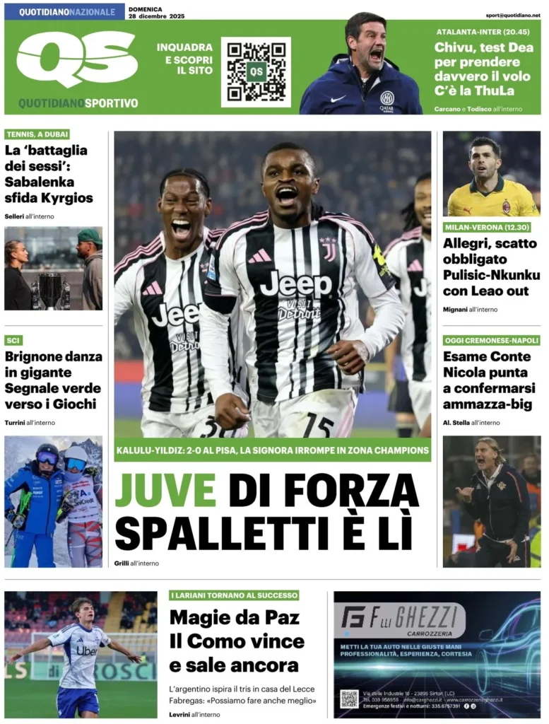 Le prime pagine dei giornali - 28 dicembre 2025 22 qs quotidiano sportivo 022408m96b15b