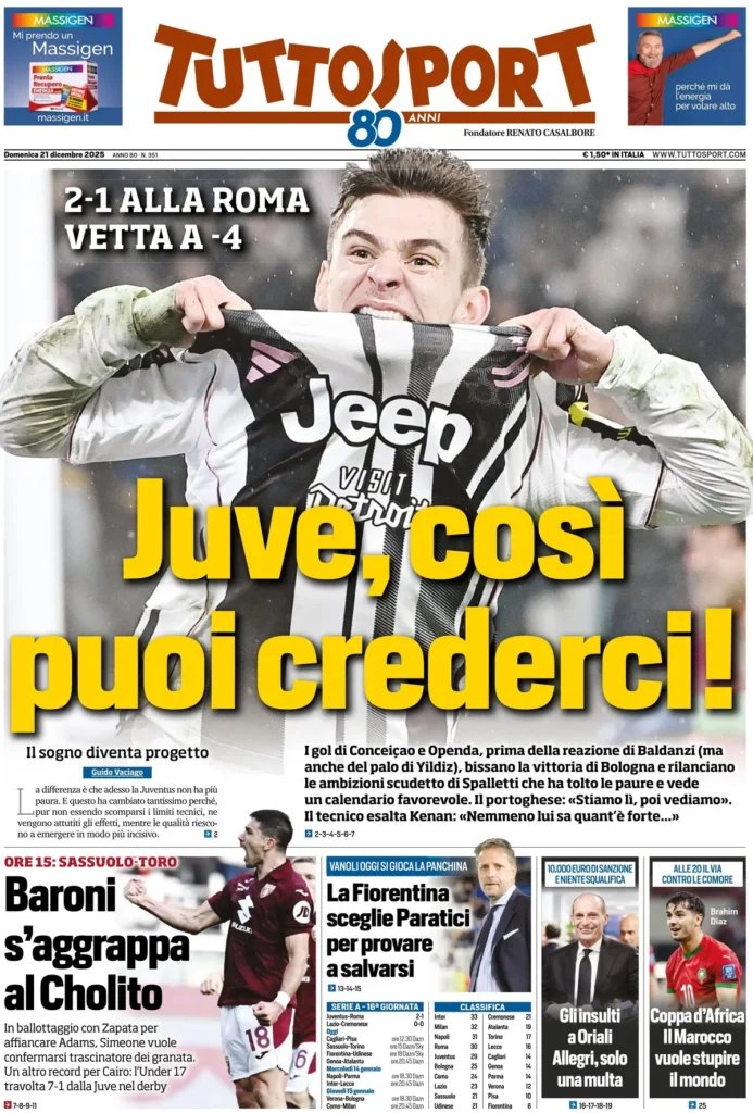 Le prime pagine sportive nazionali – 21 dicembre 2025 23 tuttosport 020305cht5j3b