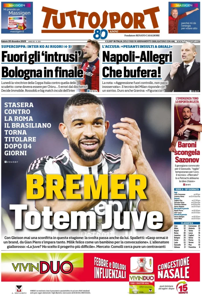 Le prime pagine sportive nazionali – 20 dicembre 2025 23 tuttosport 020417vv449x8