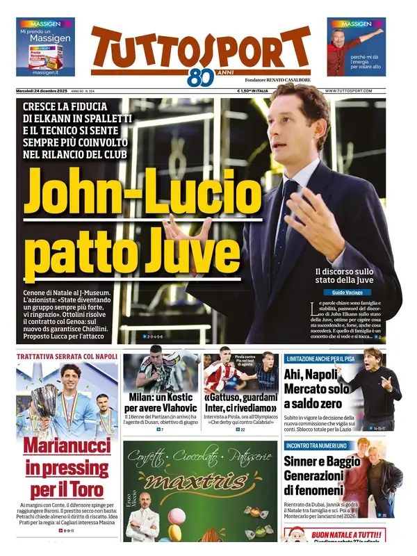 Le prime pagine sportive nazionali – 24 dicembre 2025 24 tuttosport