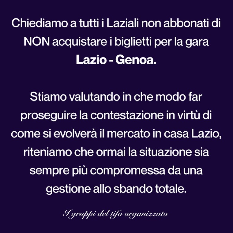 Lazio Genoa, la Curva Nord invita la tifoseria a disertare la partita: il comunicato 22 Comunicato Curva Nord Lazio