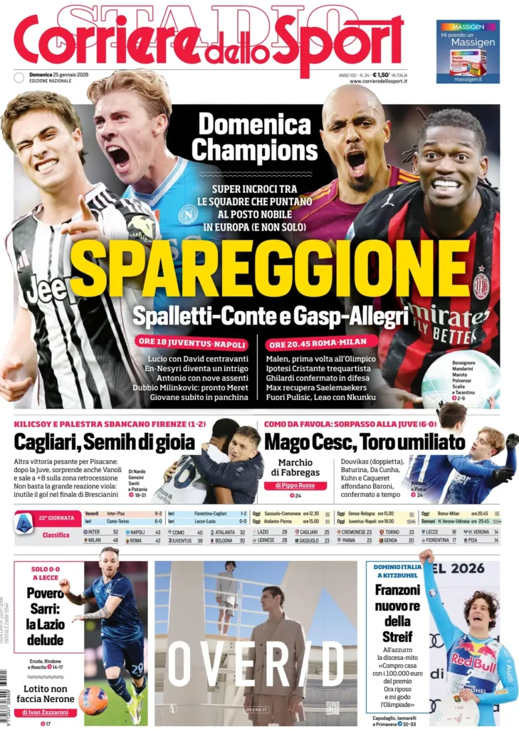 Le prime pagine dei principali quotidiani sportivi – 25 gennaio 2026 23 corriere dello sport 02081382n179i
