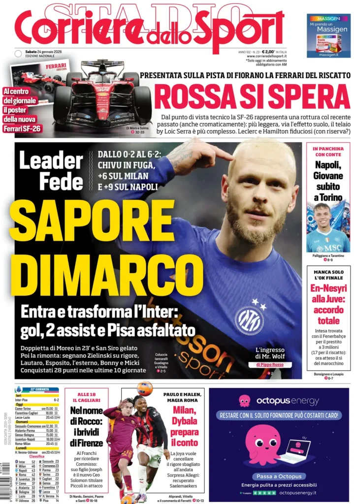 Le prime pagine dei principali quotidiani sportivi – 24 gennaio 2026 23 corriere dello sport 0215356qh8v9y