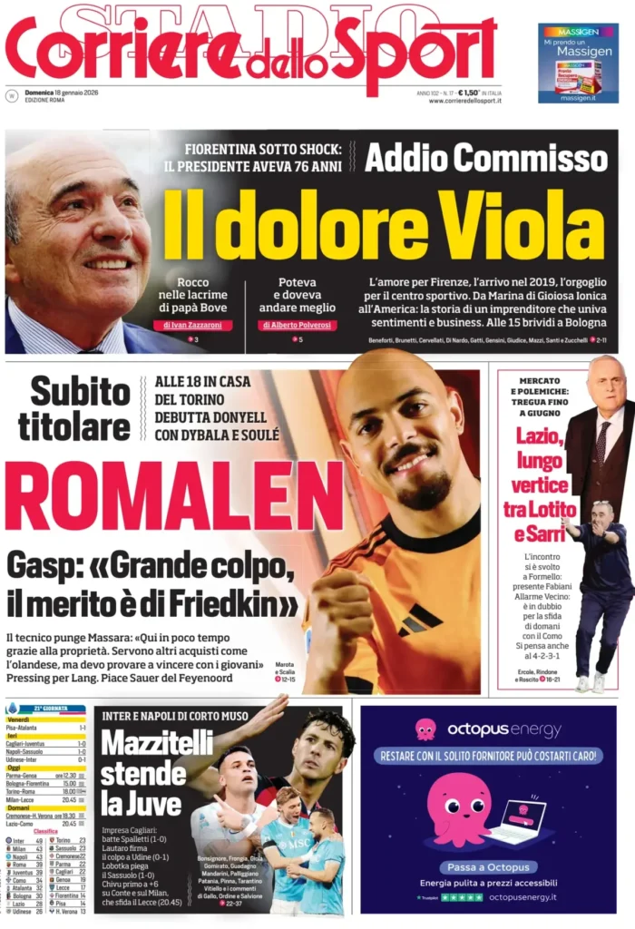 Rassegna stampa Lazio: prime pagine quotidiani sportivi - 18 gennaio 2026 23 corriere dello sport roma 063423x6e79j0