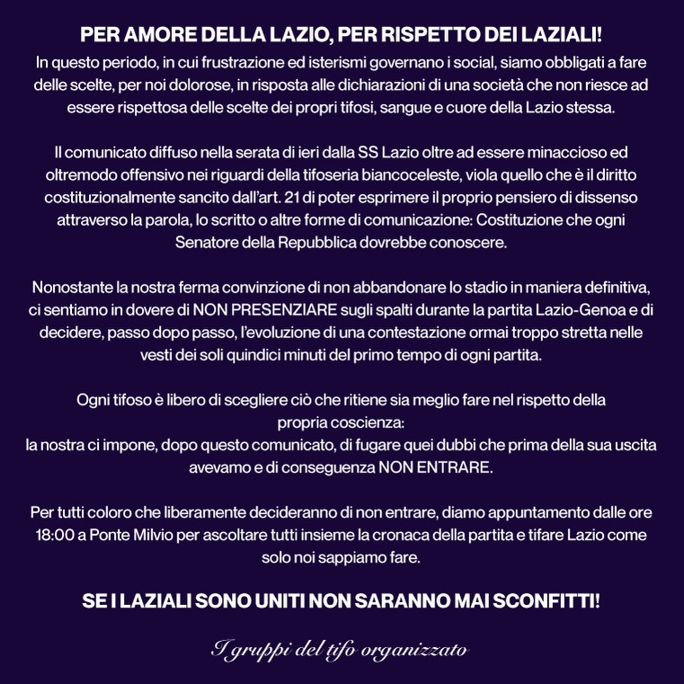 La Curva Nord risponde a Lotito: «Per amore della Lazio, per rispetto dei laziali» - IL COMUNICATO 22 image 3