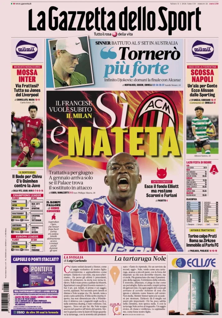 Le prime pagine dei principali quotidiani sportivi – 31 gennaio 22 la gazzetta dello sport 031803kxv16aa