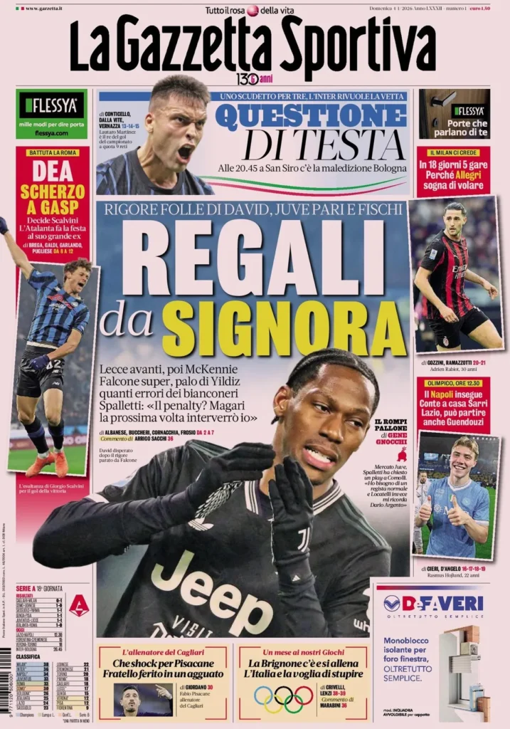 Le prime pagine dei quotidiani sportivi - 4 gennaio 2026 22 la gazzetta dello sport 0318381264j36