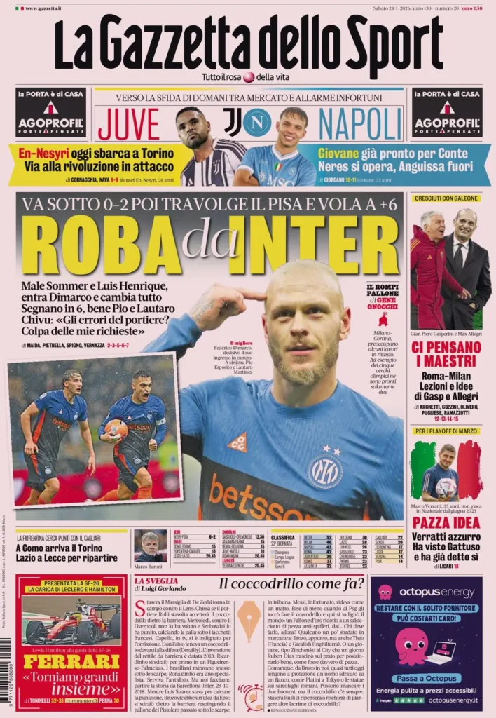 Le prime pagine dei principali quotidiani sportivi – 24 gennaio 2026 24 la gazzetta dello sport 032303k3n7end