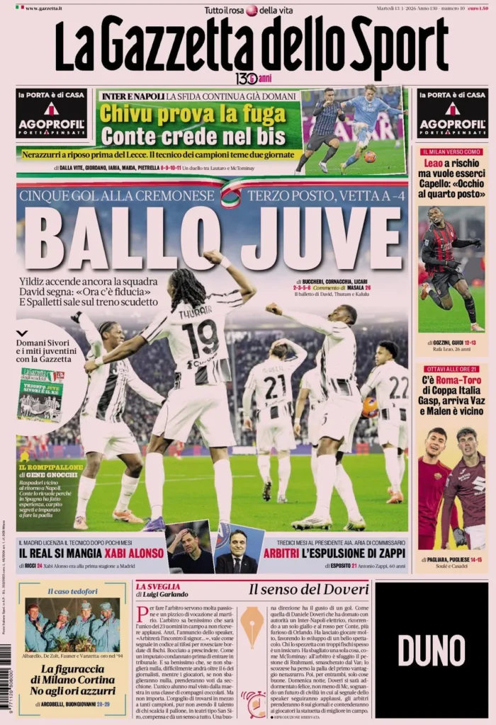 Le prime pagine dei principali quotidiani sportivi – 13 gennaio 22 la gazzetta dello sport 0324265lr63l9