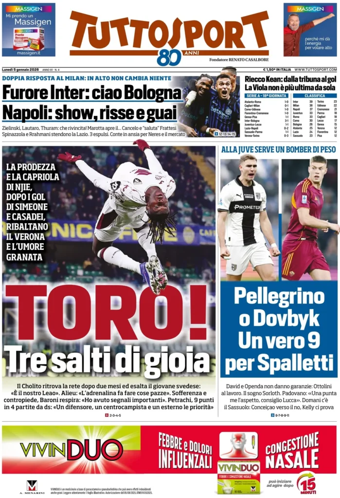 Rassegna stampa Lazio: prime pagine quotidiani sportivi - 5 gennaio 2026 22 tuttosport 020303qbce74g