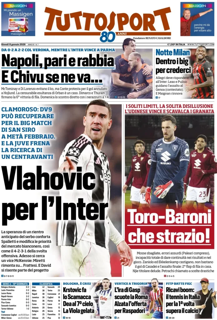 Le prime pagine dei principali quotidiani sportivi – 8 gennaio 24 tuttosport 020303u6t2jw0