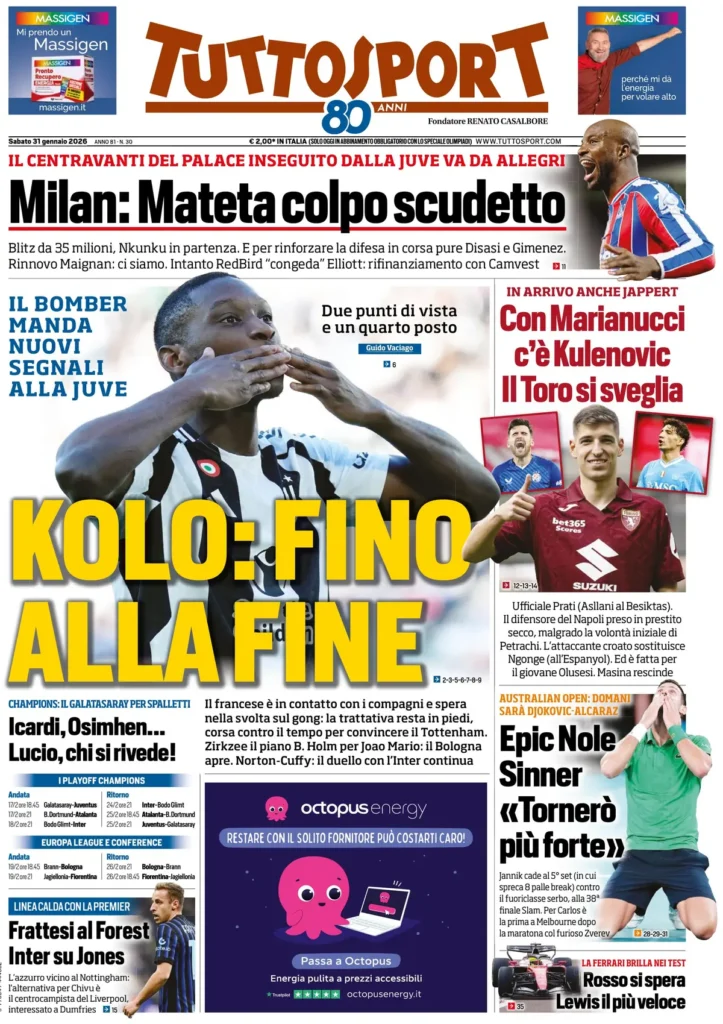 Le prime pagine dei principali quotidiani sportivi – 31 gennaio 24 tuttosport 020453jp874rv