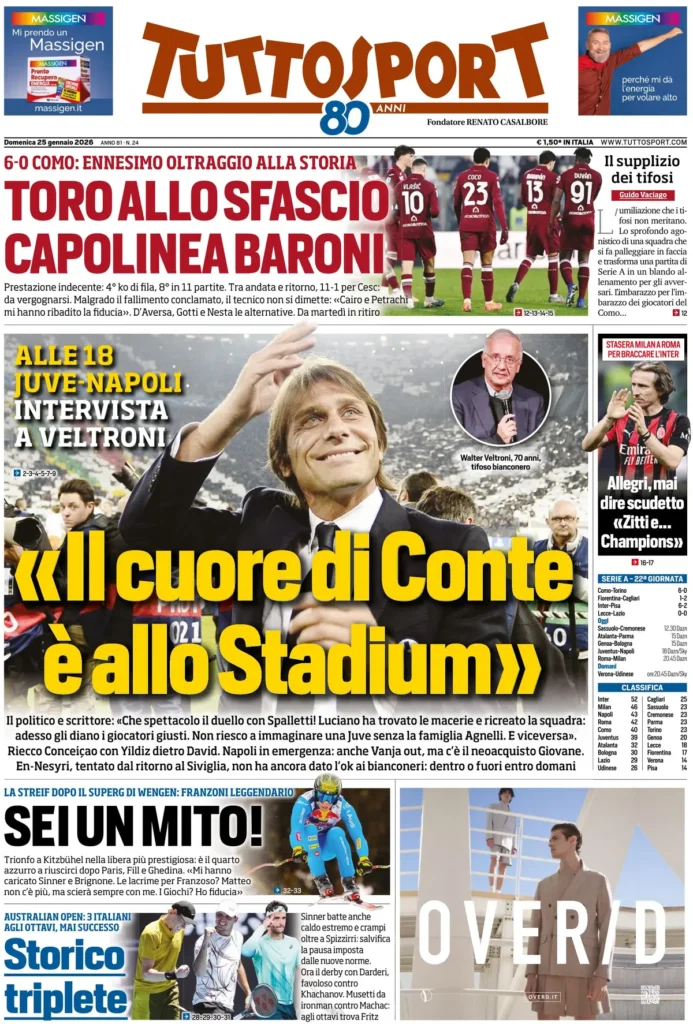 Le prime pagine dei principali quotidiani sportivi – 25 gennaio 2026 22 tuttosport 0208044xr28uk