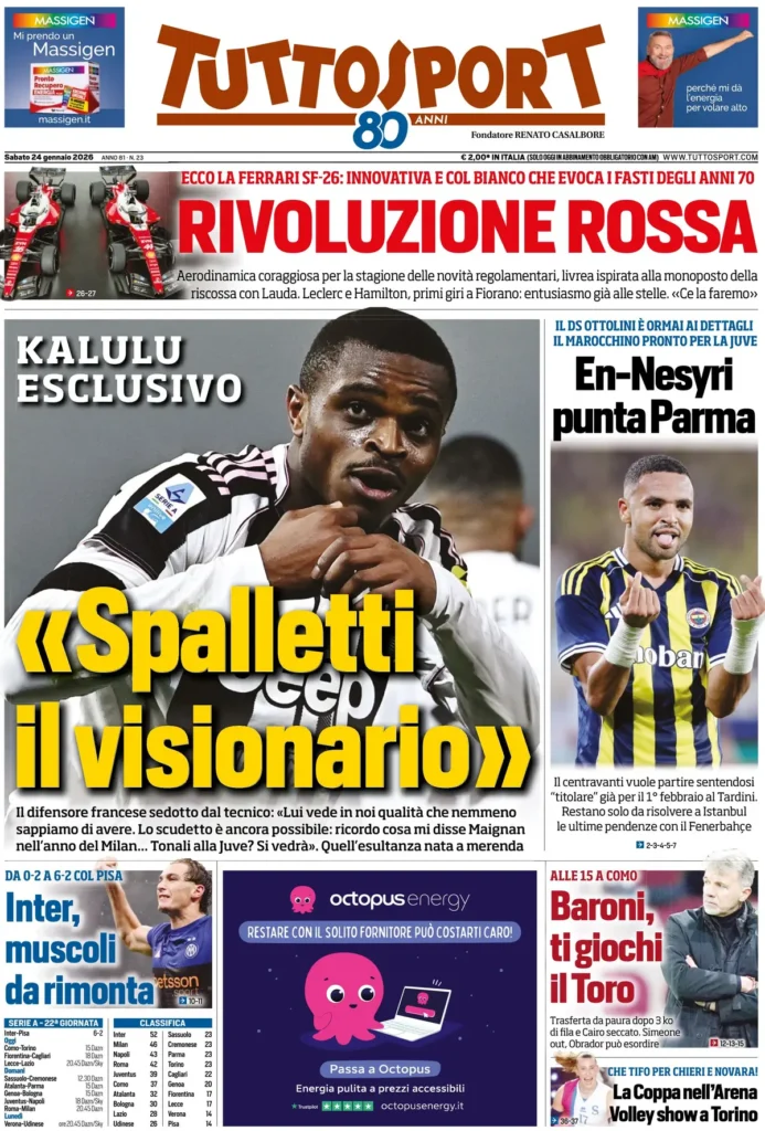 Le prime pagine dei principali quotidiani sportivi – 24 gennaio 2026 22 tuttosport 021524z1u6bcv