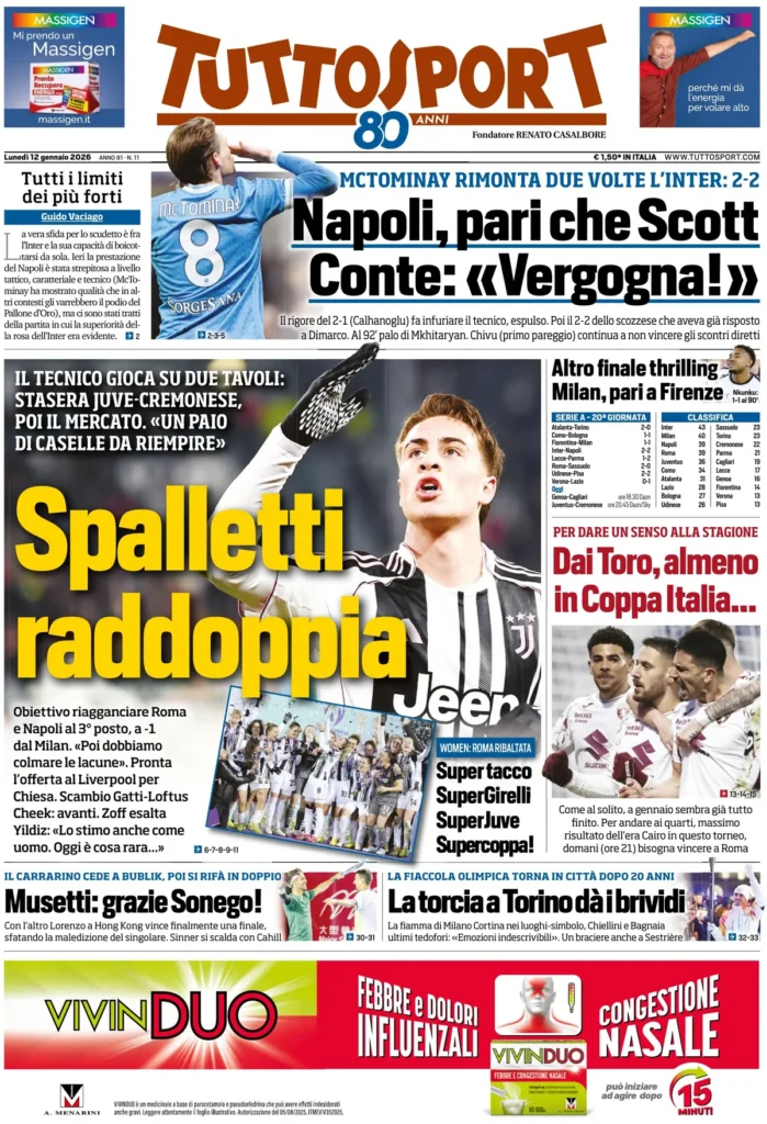 Rassegna stampa Lazio: prime pagine quotidiani sportivi - 12 gennaio 2026 22 tuttosport 02202664n7u9w