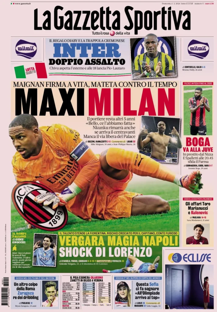 Le prime pagine dei principali quotidiani sportivi – 1 febbraio 2026 24 la gazzetta dello sport 031802hjq6jt1