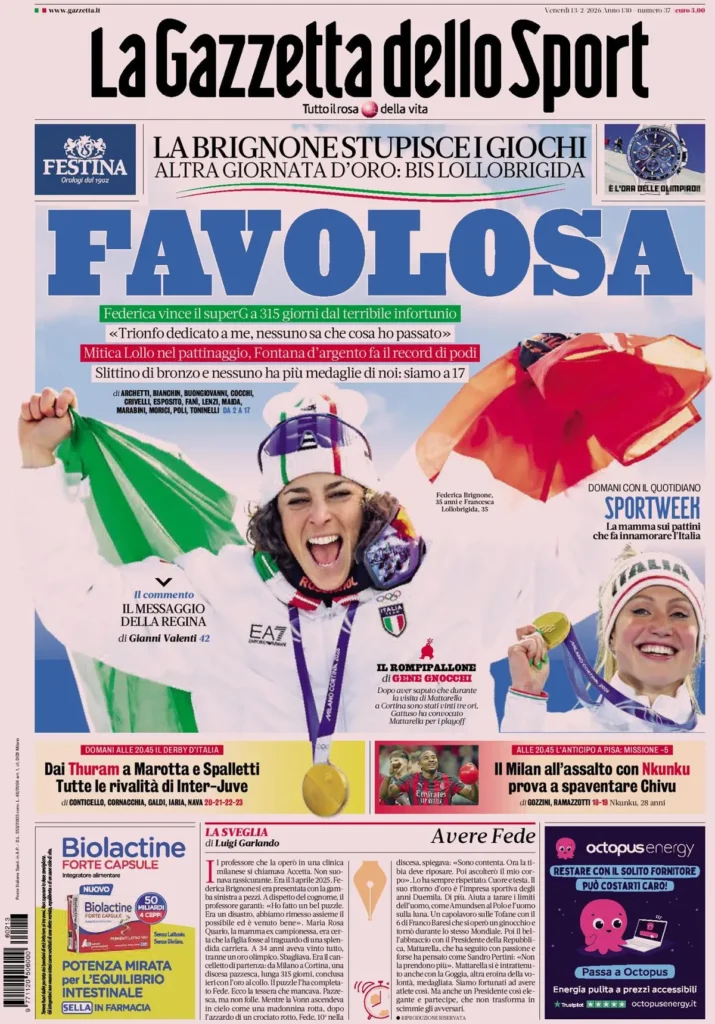 Le prime pagine dei principali quotidiani sportivi – 13 febbraio 2026 24 la gazzetta dello sport 031803dex2na8