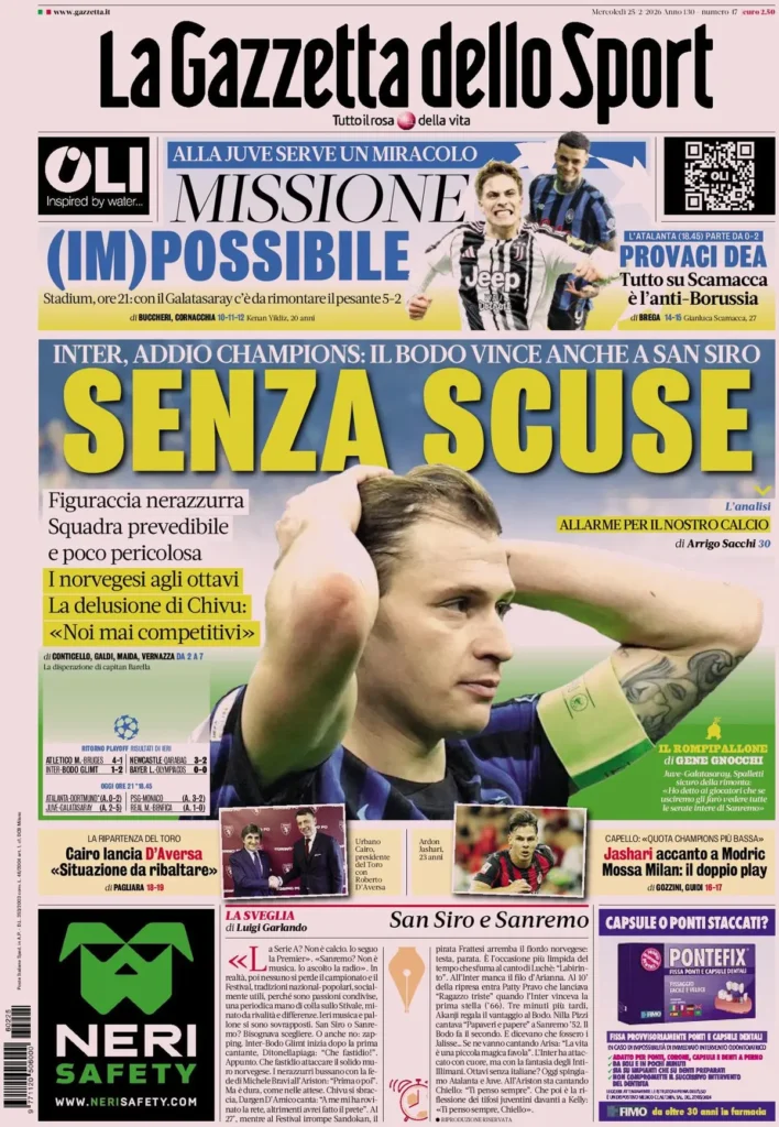 Rassegna stampa Lazio: prime pagine quotidiani sportivi - 25 febbraio 2026 24 la gazzetta dello sport 031803jzqbnib