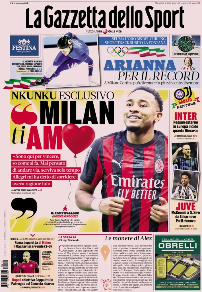 Le prime pagine dei principali quotidiani sportivi – 10 febbraio 22 la gazzetta dello sport 031804nkj4mtv