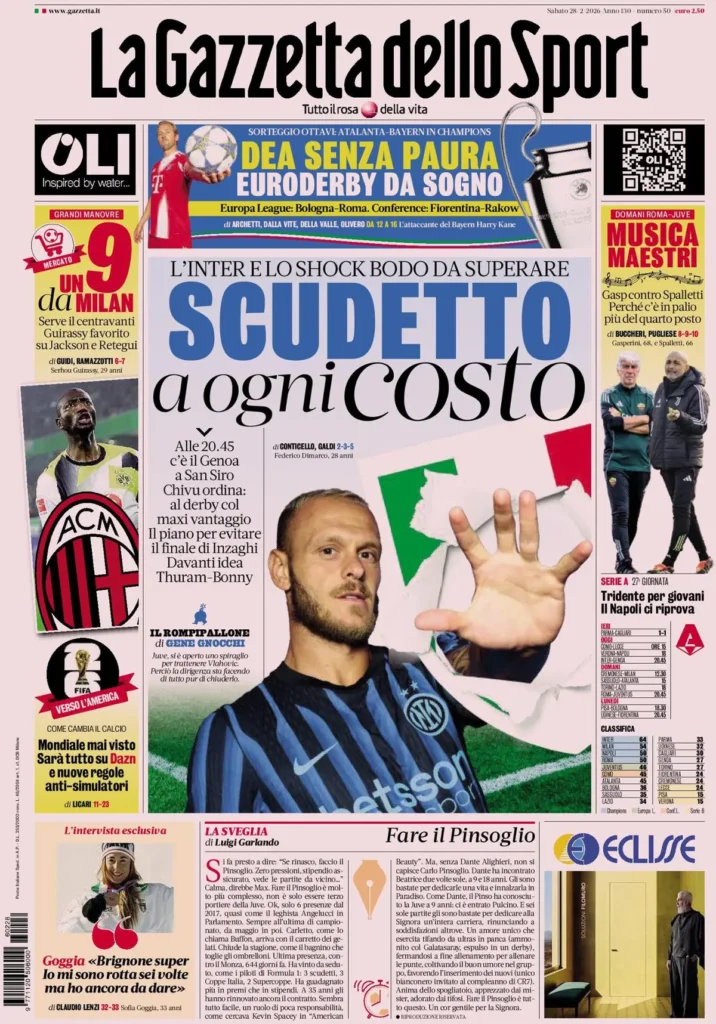 Le prime pagine dei principali quotidiani sportivi – 28 febbraio 24 la gazzetta dello sport 03224501xblp7