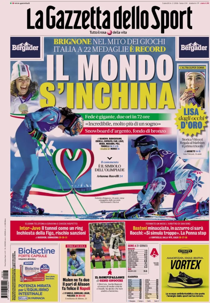 Le prime pagine dei principali quotidiani sportivi – 16 febbraio 2026 24 la gazzetta dello sport 032302xgr4lyh