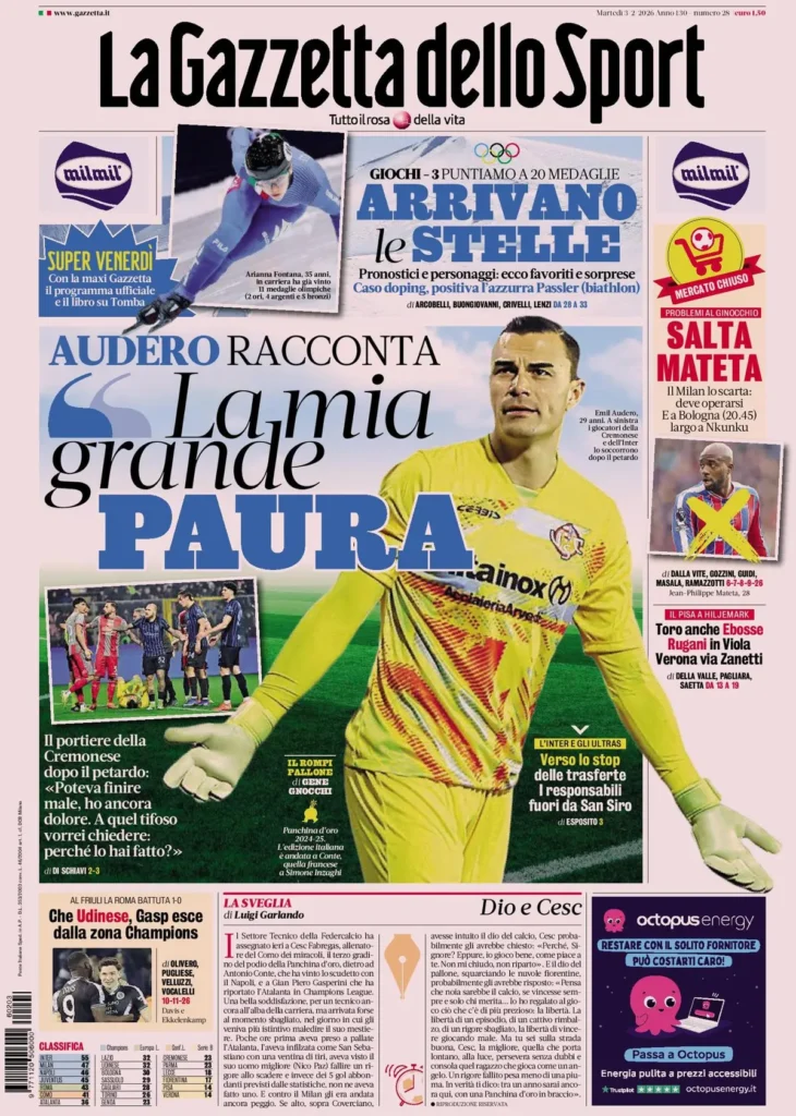 Le prime pagine dei principali quotidiani sportivi – 3 Febbraio 2026 24 la gazzetta dello sport 032304yl55via