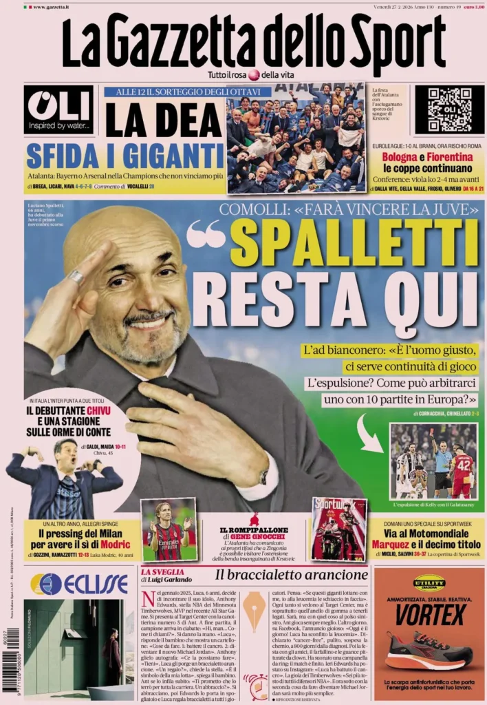 Le prime pagine dei principali quotidiani sportivi – 27 febbraio 22 la gazzetta dello sport 032519w9r9t5q