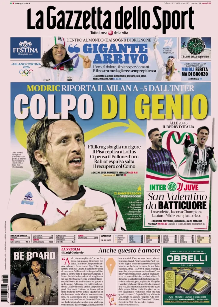 Le prime pagine dei principali quotidiani sportivi – 14 febbraio 2026 24 la gazzetta dello sport 032903mv6dzv0