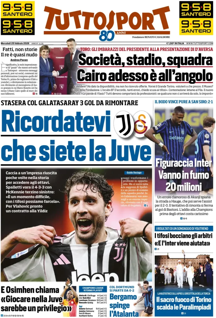 Rassegna stampa Lazio: prime pagine quotidiani sportivi - 25 febbraio 2026 22 tuttosport 020302ixm3g0q