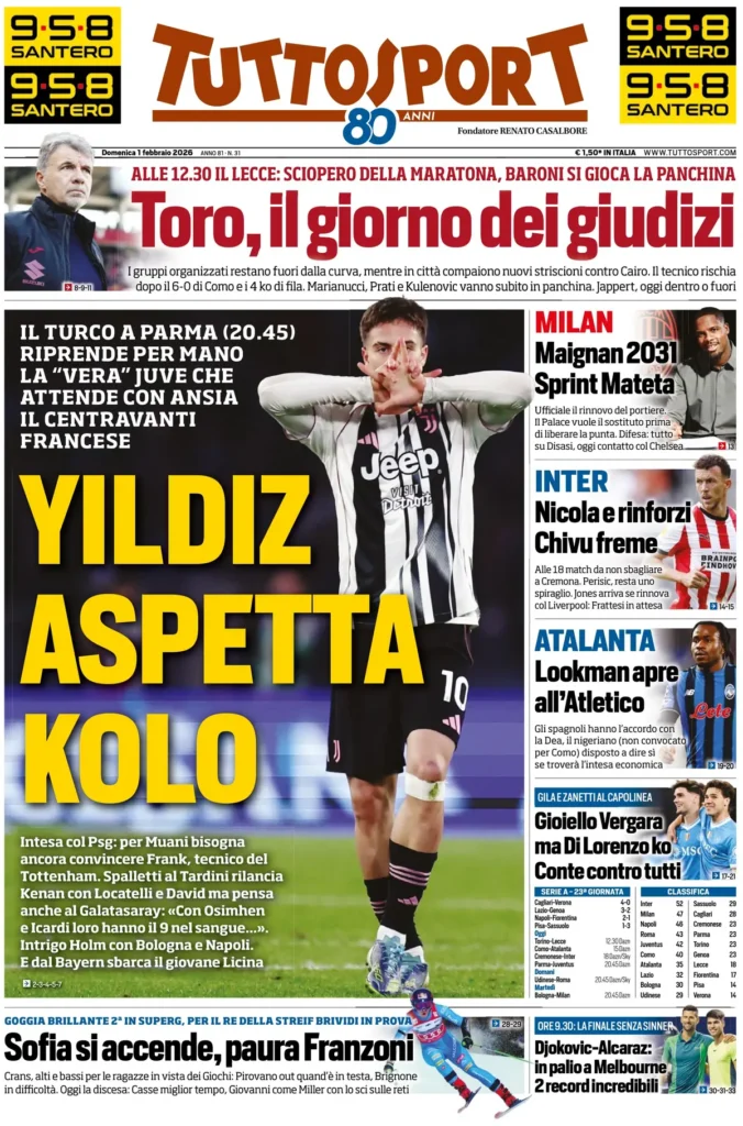 Le prime pagine dei principali quotidiani sportivi – 1 febbraio 2026 22 tuttosport 020302mg7eo81