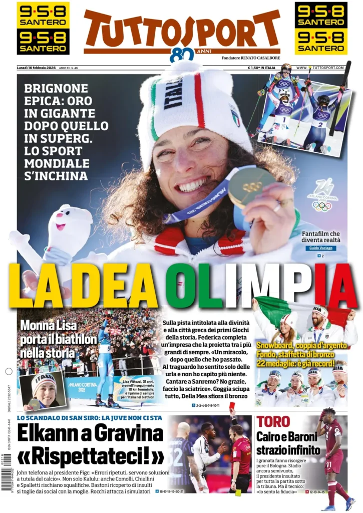 Le prime pagine dei principali quotidiani sportivi – 16 febbraio 2026 22 tuttosport 020303rc7arwf