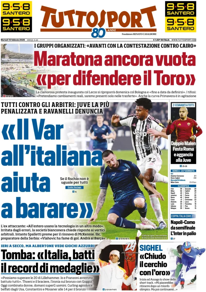 Le prime pagine dei principali quotidiani sportivi – 10 febbraio 24 tuttosport 020347as3a5m3