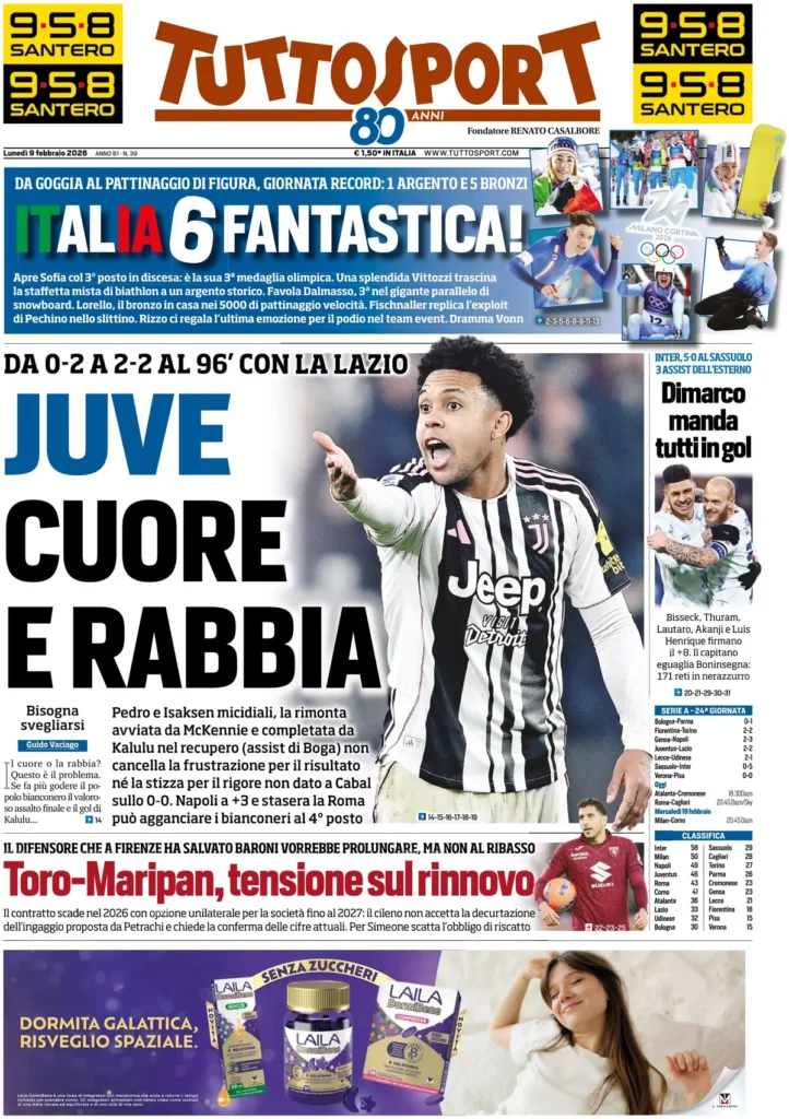 Rassegna stampa Lazio: prime pagine quotidiani sportivi - 9 febbraio 2026 22 tuttosport 020441lf8aapr