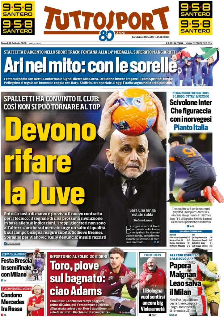 Rassegna stampa Lazio: prime pagine quotidiani sportivi - 19 febbraio 2026 22 tuttosport 021303xng1hoc