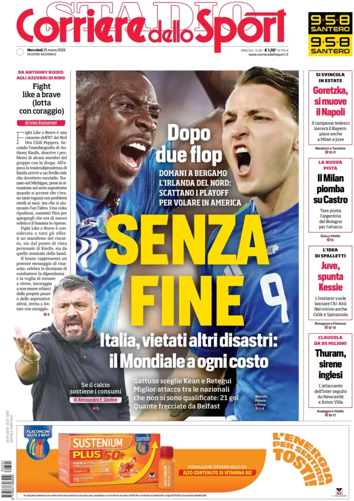 Le prime pagine dei principali quotidiani sportivi – 25 marzo 2026 23 corriere dello sport 0203080tm6dik