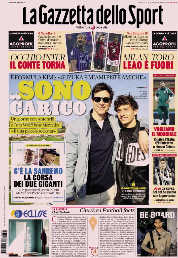 Le prime pagine dei principali quotidiani sportivi – 21 marzo 2026 24 la gazzetta dello sport 021055p06r4am
