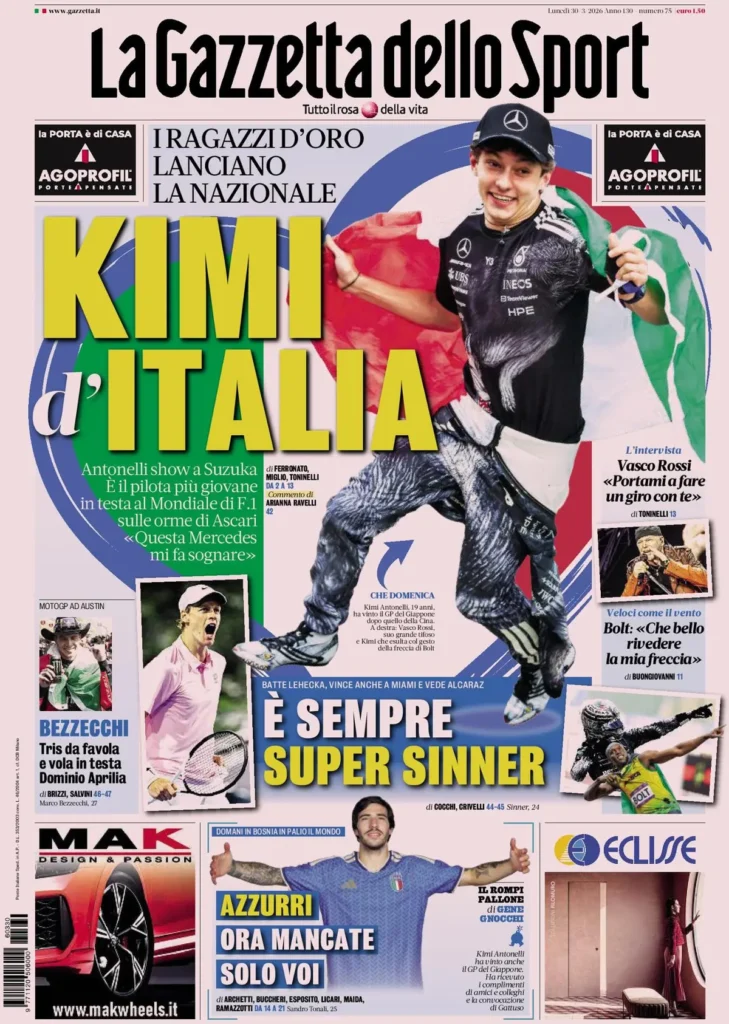 Le prime pagine dei principali quotidiani sportivi – 30 marzo 2026 24 la gazzetta dello sport 0318023jua207