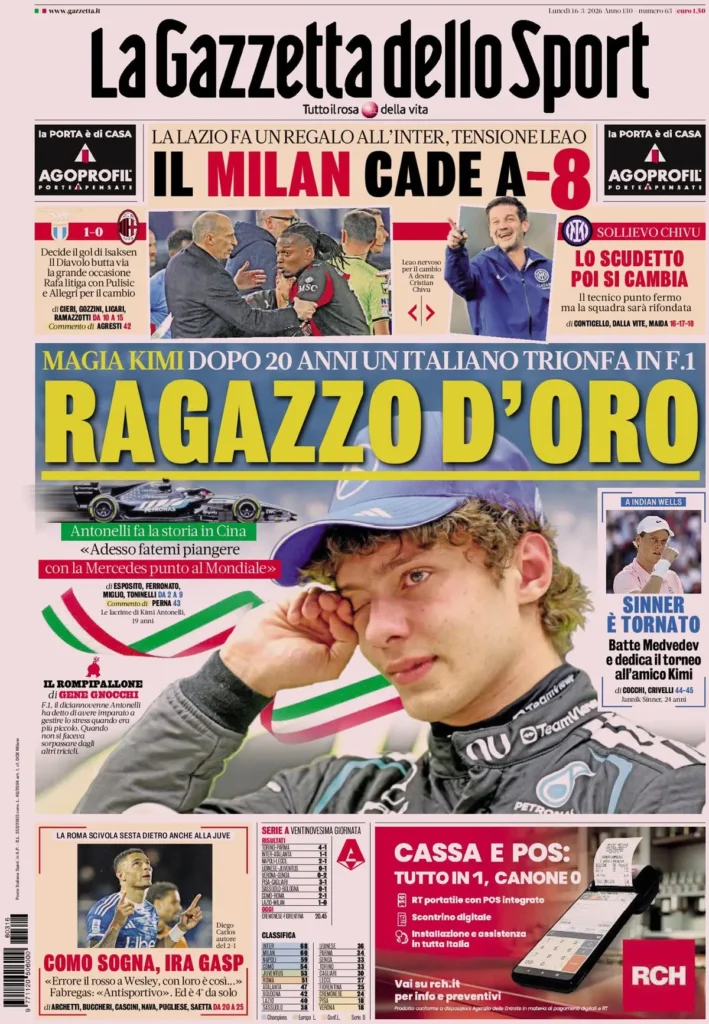 Le prime pagine dei principali quotidiani sportivi – 16 marzo 24 la gazzetta dello sport 031802ku948cs