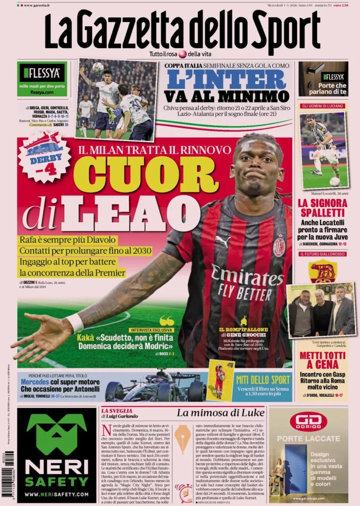 Le prime pagine dei principali quotidiani sportivi – 4 marzo 24 la gazzetta dello sport 0318031qu1jim